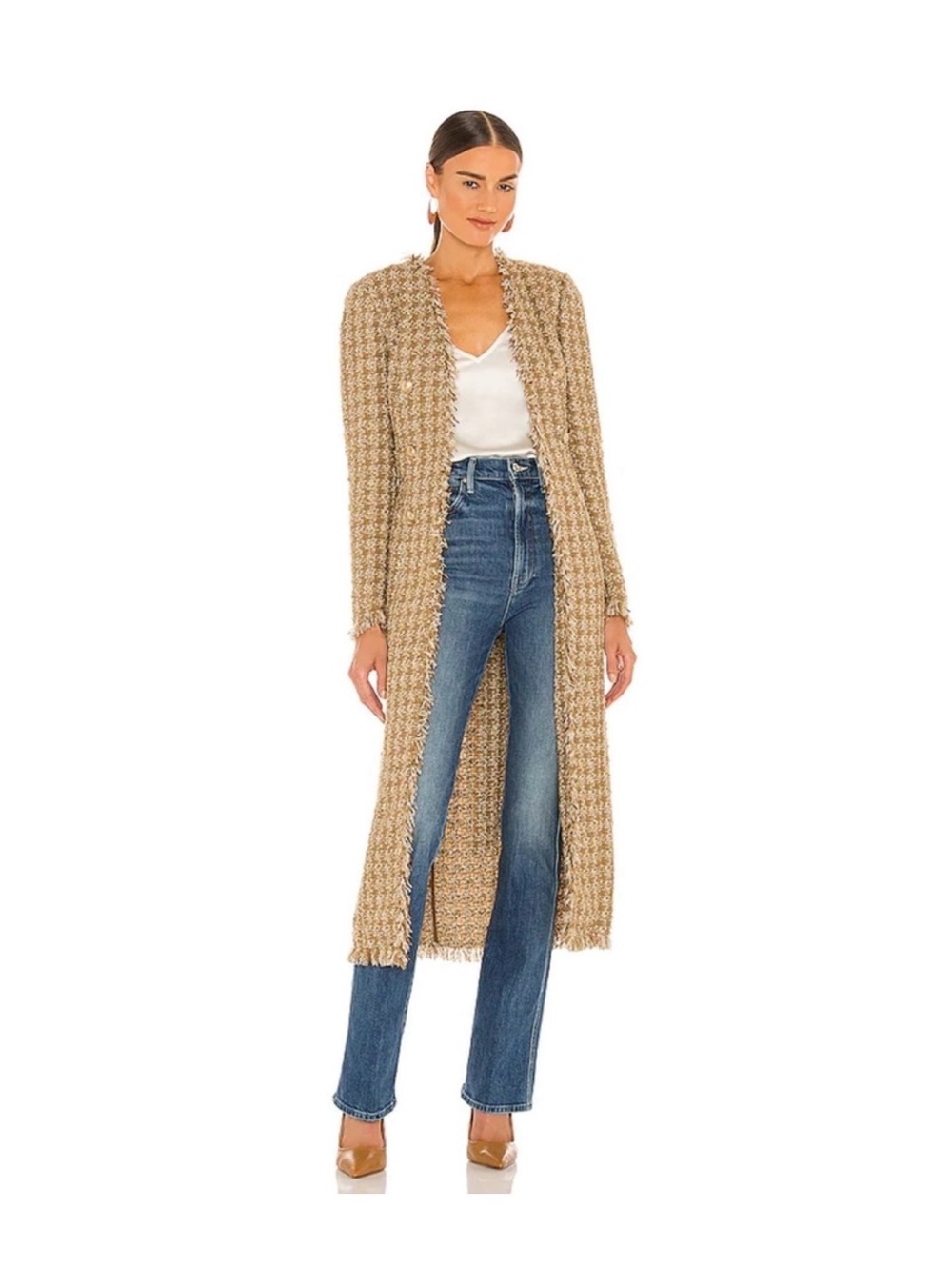 Elie Tahari gold metallic plaid tweed coat with fringe detail, size S